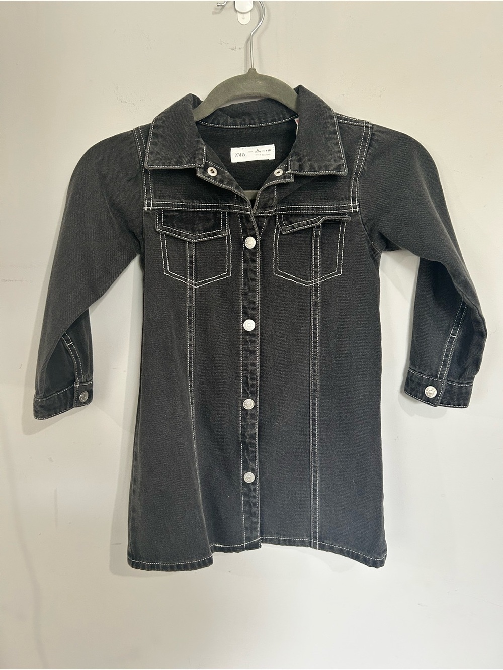 Zara Girls' Black Denim Jacket Dress with White Topstitching